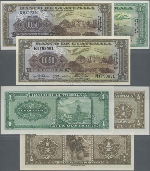 Guatemala: Set with 3 banknotes including 1/2 Quetzal 1961 P.41c in UNC, 1/2 Que...