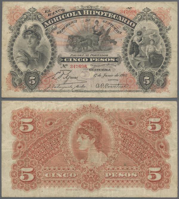 Guatemala: Banco Agrícola Hipotecario 5 Pesos 1917, P.S102c, still nice with sev...