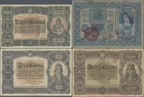 Hungary: Nice lot with 4 banknotes comprising 1000 Korona with forged red stamp ”MAGYARORSZAG” P.31 (F), 1000 Korona 1920 P.66a (VF+), 5000 Korona 192...