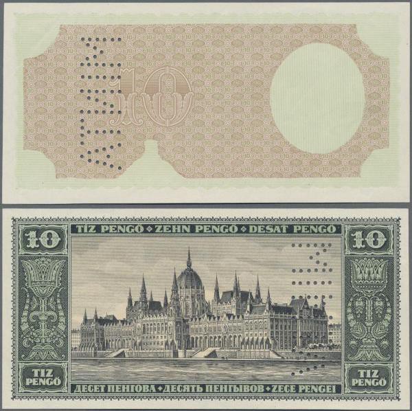 Hungary: 10 Pengö 1926 front proof Specimen with perforation ”MINTA”, multicolor...