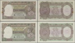 India: set of 2 notes of 5 Rupees ND portrait KGIV P. 18a,b in condition: XF+ to aUNC with minor tear at lower border and VF-. (2 pcs)
 [plus 19 % VA...