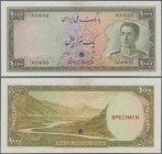Iran: 1000 Rials ND(1951) color trial specimen in ocre-green color with zero serial numbers and specimen overprint, interestingly the serial numbers a...