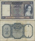 Iraq: 1 Dinar 1942 P. 18, used with folds and creases, stronger center fold, stain on back, no holes, minor border tears, not washed or pressed, no re...