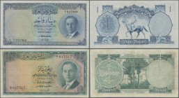 Iraq: Pair with 1/4 Dinar and 1 Dinar 1947, P.37, 39, both very nice with strong paper and bright colors with a few folds, tiny pinholes at upper left...