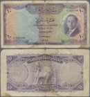 Iraq: 10 Dinars 1955 P. 41, stronger used with very strong folds, stains of fluid in paper, border tears, still nice colors, no repairs, condition: VG...