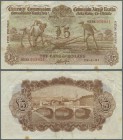 Ireland: 5 Pounds 1931 P. 9a, Ploughman note, center fold, several other light dolds, 6 stain dots at corners, no holes or tears, still crisp paper an...