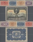Latvia: Nice lot with 5 Banknotes containing the small currency issues of 5, 10, 25 and 50 Kapeikas ND(1920) P.9-12 in UNC and 25 Lati 1928 P.18 in F+...