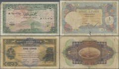 Lebanon: Small lot with 3 banknotes 50 Piastres 1950 P.43 (F-), 1 Livre 1950 P.48 (VG) and 5 Livres 1939 P.27d (F-). (3 pcs.)
 [taxed under margin sy...