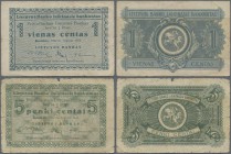 Lithuania: 1 Centas 1922 P.1 with lighly toned paper and some folds and 5 Centai 1922 P.2 almost well worn with margin splits and some small border te...