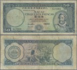 Macau: Banco Nacional Ultramarino 50 Patacas 1976, P.56, margin split, toned paper and several folds. Condition: F/F-
 [plus 19 % VAT]