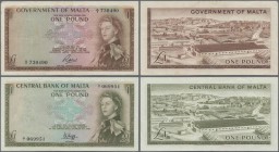 Malta: set of 2 notes 1 Pound ND(1963/69) P. 26, 29, both in similar condition with only light folds in paper, no holes or tears, still crispness and ...