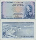 Malta: 5 Pounds ND(1961) P. 27a, light center and horizontal fold, handling in paper, probably pressed dry, no holes or tears, original colors, condit...