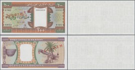 Mauritania: 200 Ouguiya 1985 front and reverse Specimen with red overprint ”SPECIMEN” and additional text ”WERTLOS GIESECKE & DEVRIENT” on the blank p...