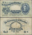 Mauritius: 5 Rupees ND(1937) P. 22, portait KGVI, used with folds and creases, light stain in paper, strong paper and original colors, condition: F+....