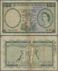 Mauritius: 25 Rupees ND(1954) P. 29, rare denomination of this series, portrait QEII, used with folds and creases, light stain in paper, upper right e...