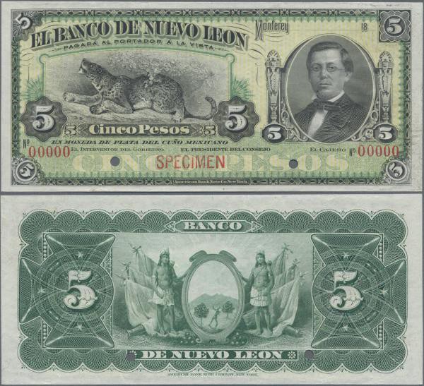 Mexico: Banco de Nuevo León 5 Pesos 18xx SPECIMEN, P.S360s, two soft vertical fo...