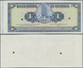 Nicaragua: 1 Cordoba 1962 front proof Specimen P.107s with small border piece with text ”BANCO DE NICARAGUA - 1” and cancellation holes, tiny dint at ...