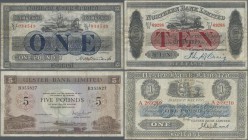 Northern Ireland: Lot with 5 banknotes Northern Bank Limited 1 Pound 1929 and 10 Pounds 1930 P.178a, 181 (F), Ulster Bank Limited 1 Pound 1933 P.306 (...