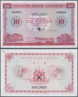 Northern Ireland: 10 Pounds 1966 Specimen P. 323s, hole cancellation, zero serial numbers, residuals from attachment at right border, otherwise perfec...