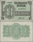Norway: 1 Krone 1942 with prefix ”A”, P.17a with several soft folds and creases and a few spots. Condition: VF
 [taxed under margin system]