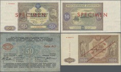 Poland: Small lot with 3 banknotes 1000 Zlotych 1946 SPECIMEN P.122s (F+), 50 Zlotych 1946 SPECIMEN P.128s (VF+) and 50 Kopiejek 1915 Notgeld P.NL (F)...