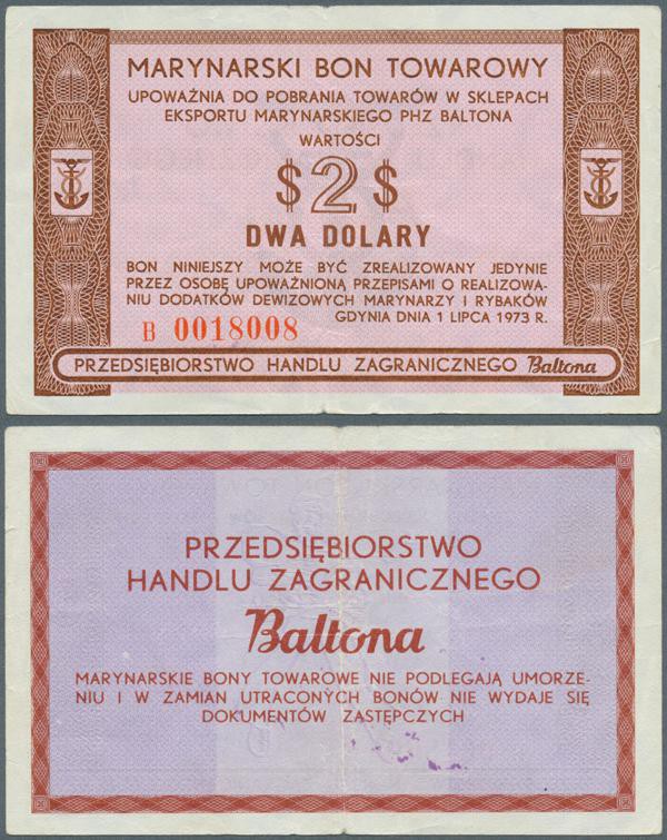 Poland: Marinarsky Bon Towarowy - Baltona, 2 Dolary 1973, P.FX54, tiny tears at ...