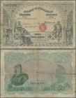 Portugal: 10.000 Reis 1910 P. 108b, well worn condition, 2cm tear at left, center hole and several folds and stainings, several tiny border tears, sti...
