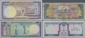Saudi Arabia: Lot with 3 banknotes 5 Riyals 1954 P.3 (F-), 5 Riyals 1961 P.7a(F+) and 1 Riyal 1968 P.11a (VF). (3 pcs.)
 [taxed under margin system]