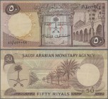 Saudi Arabia: 50 Riyals AH1379 (1968), P.14b, still nice with strong paper and bright colors, no larger damages, just a few stronger folds. Condition:...