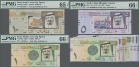 Saudi Arabia: Lot with 9 banknotes of the 2007-2016 Issue with 2x 1, 2x 5, 2x 10, 50, 100 and 500 Riyals, P.31a,c, 32a,c, 33a,c, 34a, 35a, 36a, all in...