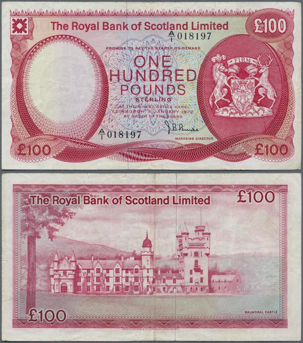 Scotland: The Royal Bank of Scotland 100 Pounds 1972 P. 340a, used with several ...