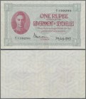 Seychelles: 1 Rupee 1943 P. 7a portrait KG VI in exceptional condition with only center fold and handling in paper, crisp original with bright colors,...