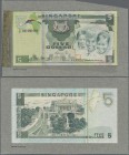 Singapore: Front and back side design proof, or essay for a 5-Dollars-banknote glued on cardboard by De La Rue from the 1970's in green - yellowish co...