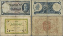 Straits Settlements: set of 2 notes containing 10 Cents ND P. 6, S/N K/9 32437, used with strong center fold, stain in paper, vertical folds, no repai...
