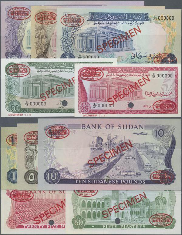 Sudan: set of 5 Specimen banknotes from 25 Piastres to 10 Pounds 1975 P. 11bs to...