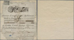 Sweden: Riksens Ständers Banque unlisted banknote or bank drafts of 5 Skillingar December 18th 1810 for ”Götha Canal-Bolags Discont VerksRäkning”, P.N...