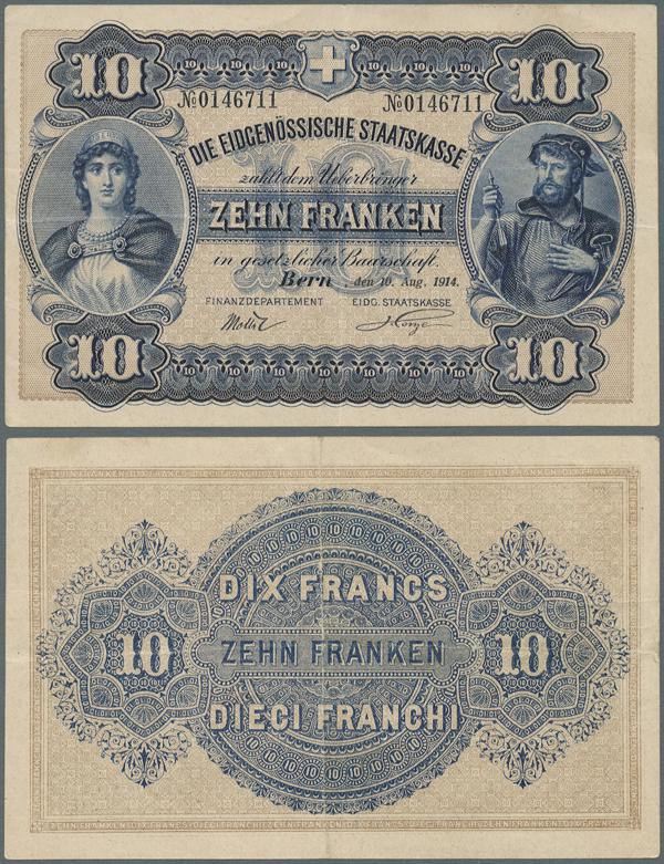 Switzerland: 10 Franken 1914 P. 17, center fold, light horizontal fold, strong p...