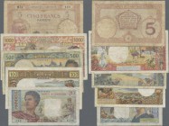 Tahiti: Lot with 5 banknotes 5, 20, 100, 500 and 1000 Francs ca.1927-85, P.11, 21, 24-26 in about F to F- condition. (5 pcs.)
 [taxed under margin sy...
