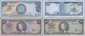 Trinidad & Tobago: Lot with 5 banknotes 1 and 2 Dollars 1943 P.5, 8 (F-, F), 10 and 20 Dollars L.1964 P.28c, 29c (UNC, F) and 100 Dollars 2002 P.45 (U...