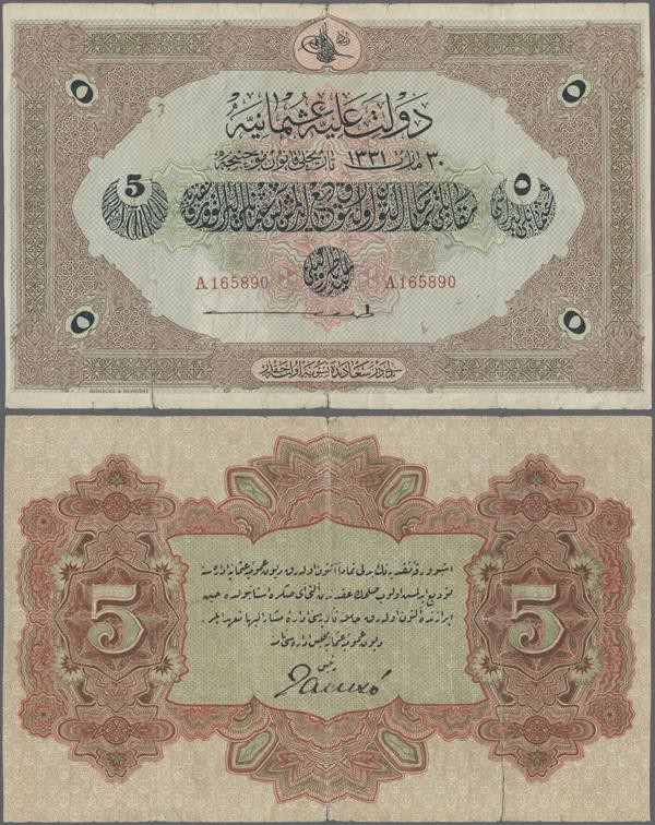 Turkey: 5 Livres 1915 P. 70, used with several folds and border tears, one large...