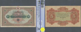 Turkey: Rare Specimen banknote of 5 Livres ND(1915-16) AH1331, RS-1-2-2, with arablic specimen perforation, western specimen perforation and zero seri...