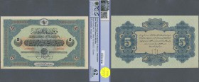 Turkey: Rare Specimen banknote of 5 Livres ND(1916-17) AH1332, RS-4-7-1, with arablic specimen perforation and zero serial numbers, ligh stains at bor...