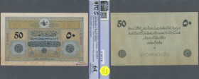 Turkey: Rare Specimen banknote of 50 Livres ND(1916-17) AH1332, RS-4-9-1, with german specimen perforation ”Druckprobe” and with zero serial numbers, ...