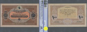 Turkey: Rare Specimen banknote of 100 Livres ND(1918) AH1334, VA-6, with german specimen perforation ”Druckprobe” and with zero serial numbers, light ...