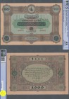 Turkey: Rare Specimen banknote of 1000 Livres ND(1918) AH1334, VA-8-1, with arabic specimen perforation and with zero serial numbers, light stain in p...
