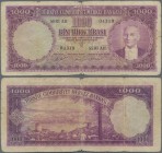 Turkey: 1000 Lira 1953 P. 172, used with stronger folds, borders worn, center tear and smaller holes in paper, no repairs, still nice colors, conditio...