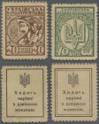 Ukraina: Set with 20 and 40 Shahiv stamp money issue ND(1918), P.8, 10, both with lightly toned paper, otherwise perfect. Condition: XF+/aUNC (2 pcs.)...