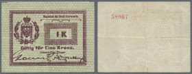 Ukraina: Notgeld ”Magistrat der Stadt Czernowitz” (City of Czernowitz) 1 Krone ND(1914), P.NL, several folds and minor spots on back. Condition: F+
 ...