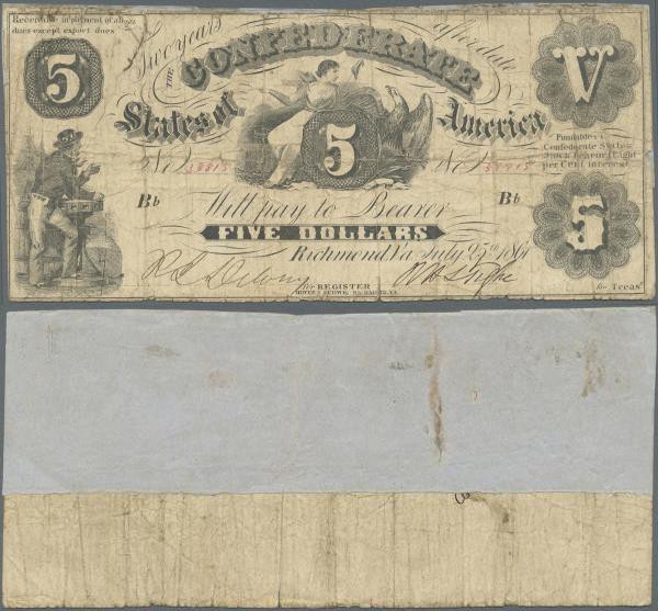 United States of America - Confederate States: 5 Dollars 1861, P.8 in heavily us...
