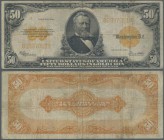 United States of America: 50 Dollars Gold Certificate series 1922 with Portrait of President Grant, P.276 with a number of folds and stains, tiny tear...
